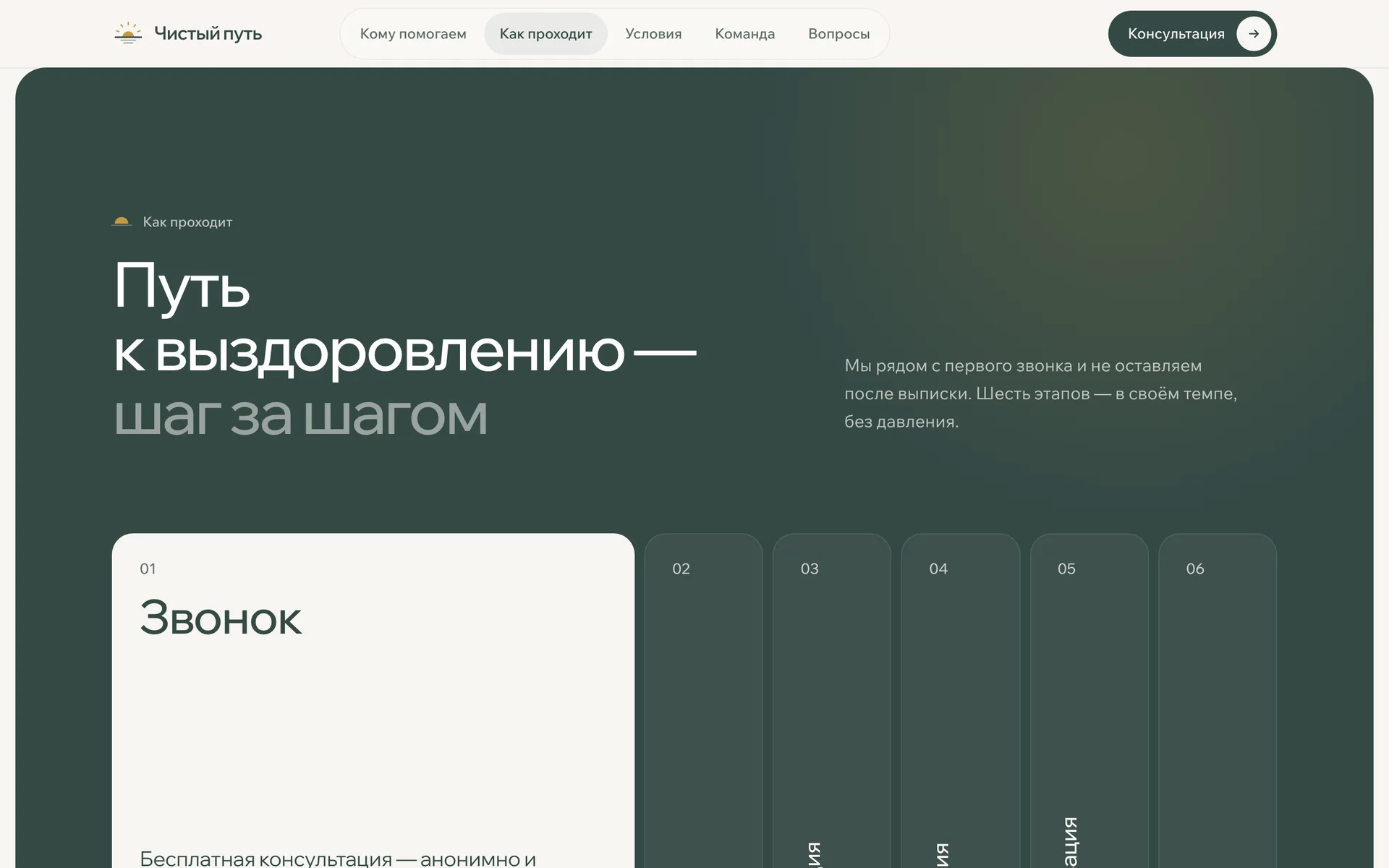 Блок «Путь к выздоровлению — шаг за шагом» на тёмно-зелёном фоне: открыта светлая карточка «Звонок», остальные этапы — узкие колонки