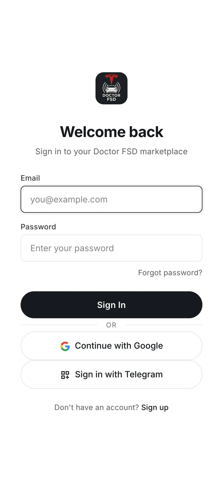 Мобильная страница входа: почта и пароль, «Continue with Google» и «Sign in with Telegram»