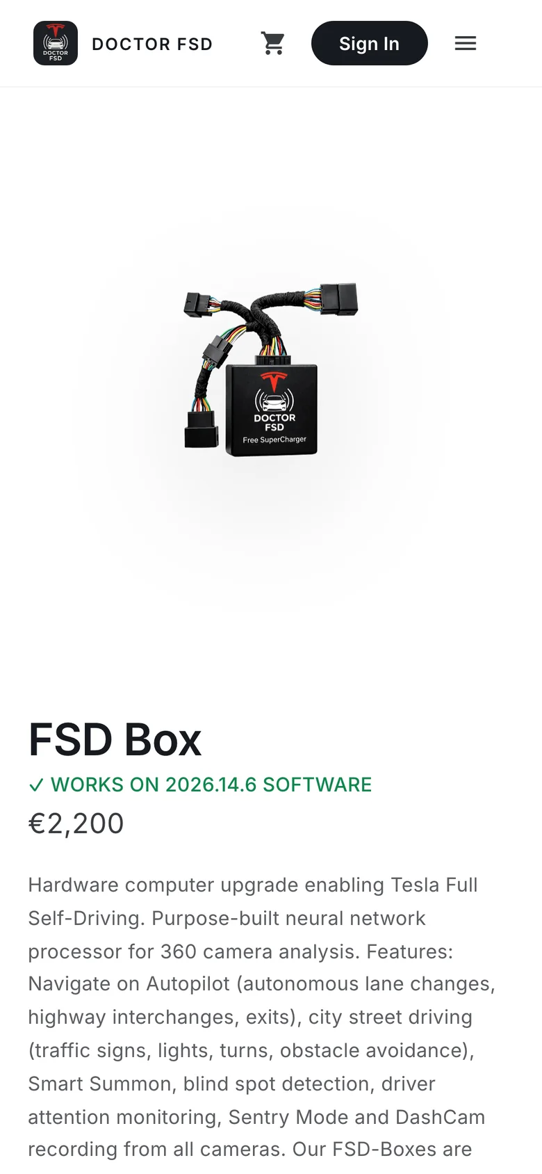 Мобильная страница FSD Box с фото модуля и ценой €2 200