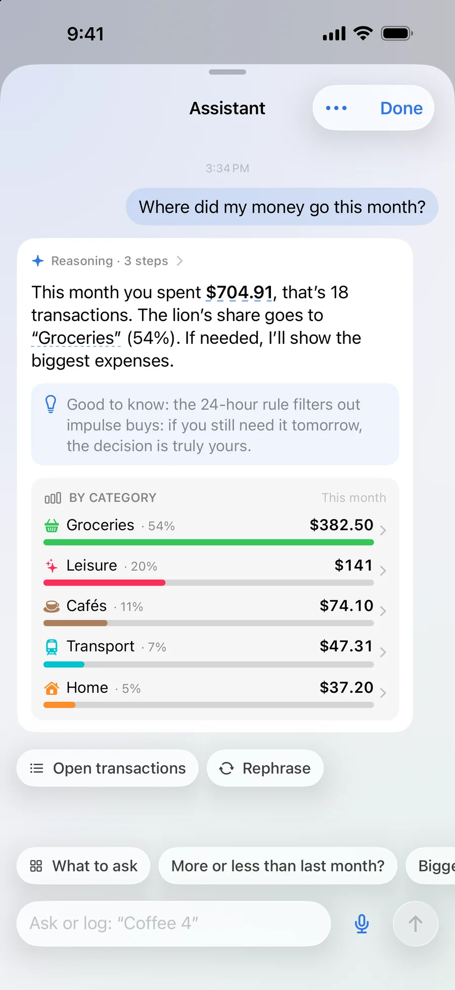 The assistant screen answering “Where did the money go this month?” with a breakdown by category