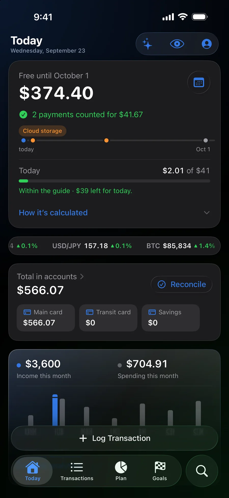 Dark theme. The same colour system on dark glass
