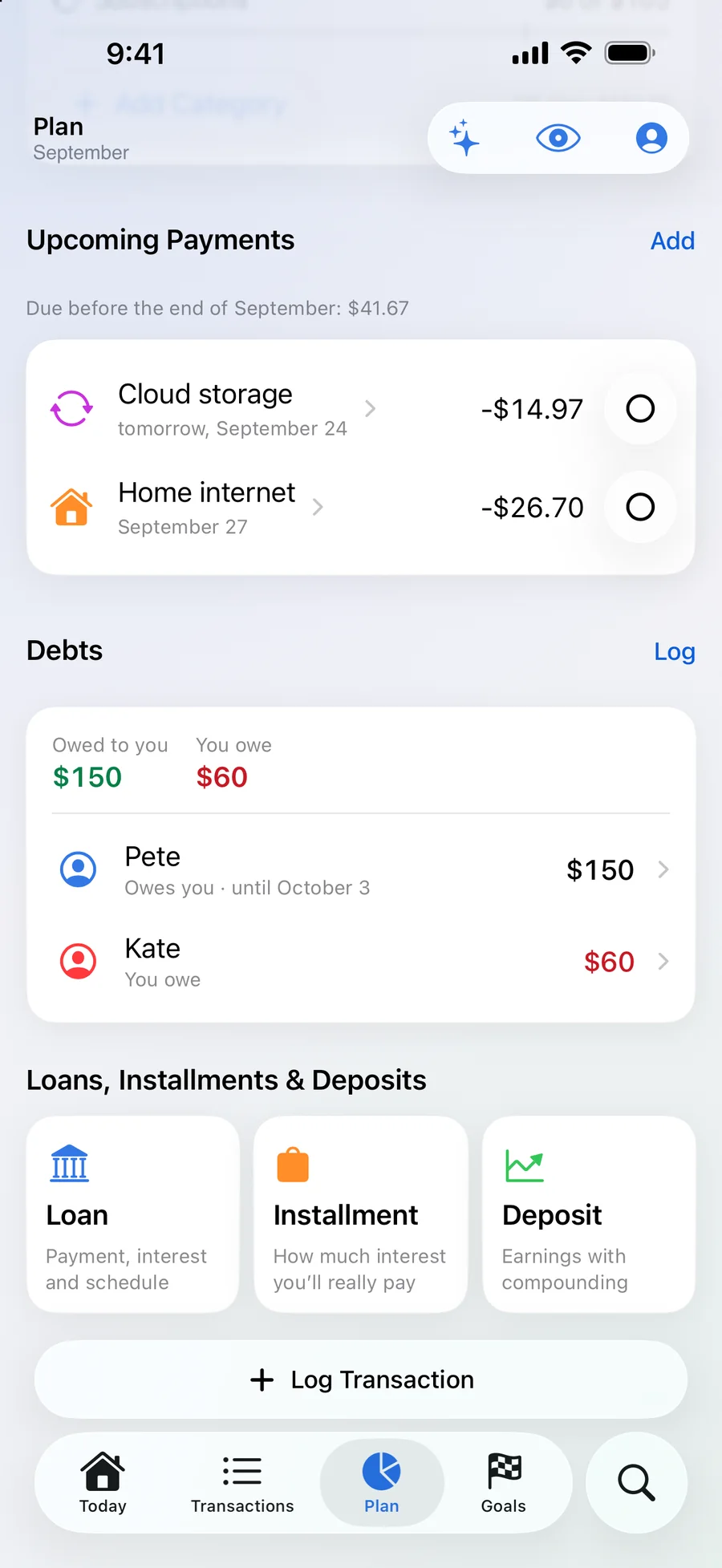 Debts. Who owes whom, loans, instalments and deposits — on one screen