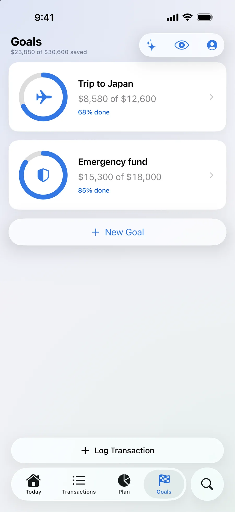 Goals. Progress towards goals — and the day a purchase stops getting in the way of payments