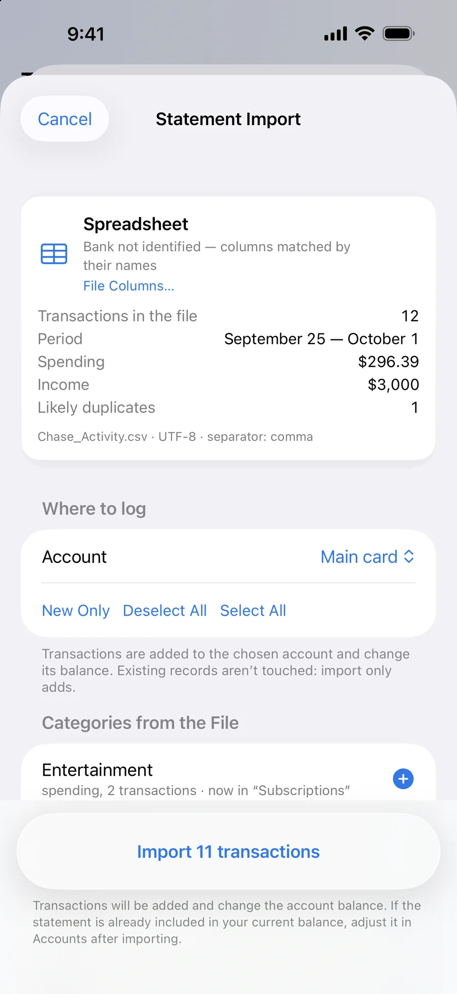 Statement import. PDF, Excel and CSV: transactions, categories and duplicates checked before saving
