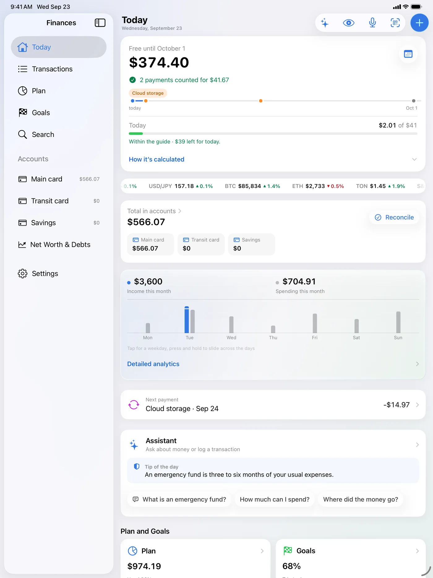 Finances on iPad: the sidebar with sections and accounts and the Today screen with the free amount