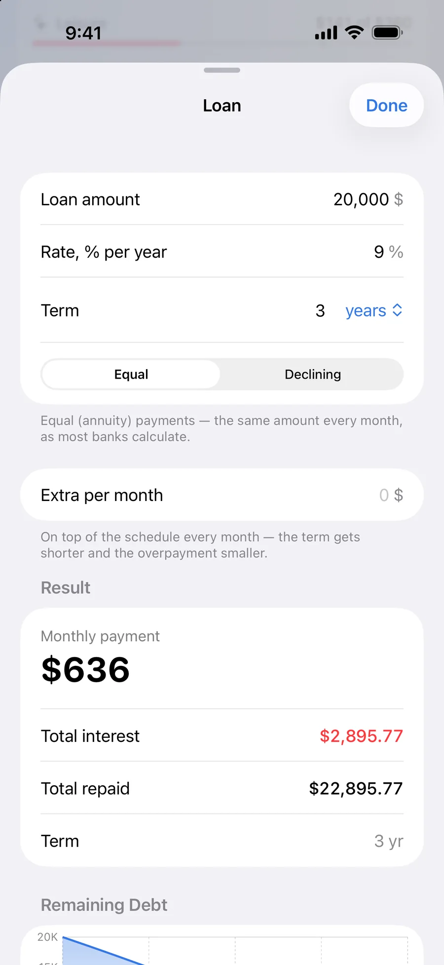 Loan. A calculator: payment, overpayment and early repayment