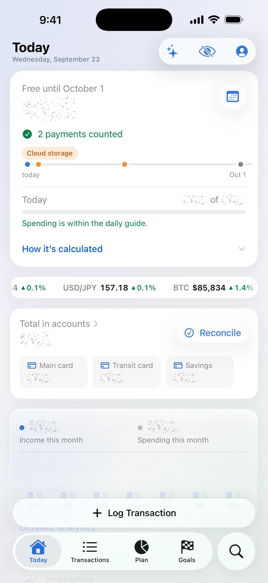 The Today screen with amounts hidden