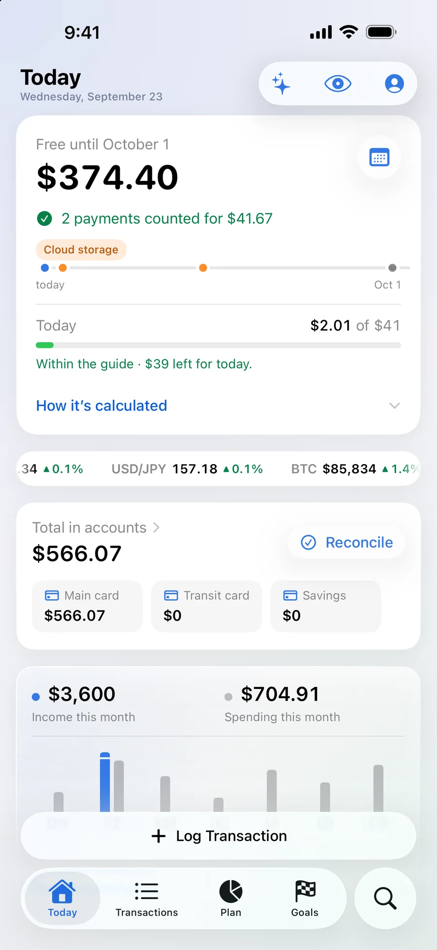 Today. The free amount, a daily guide and upcoming payments