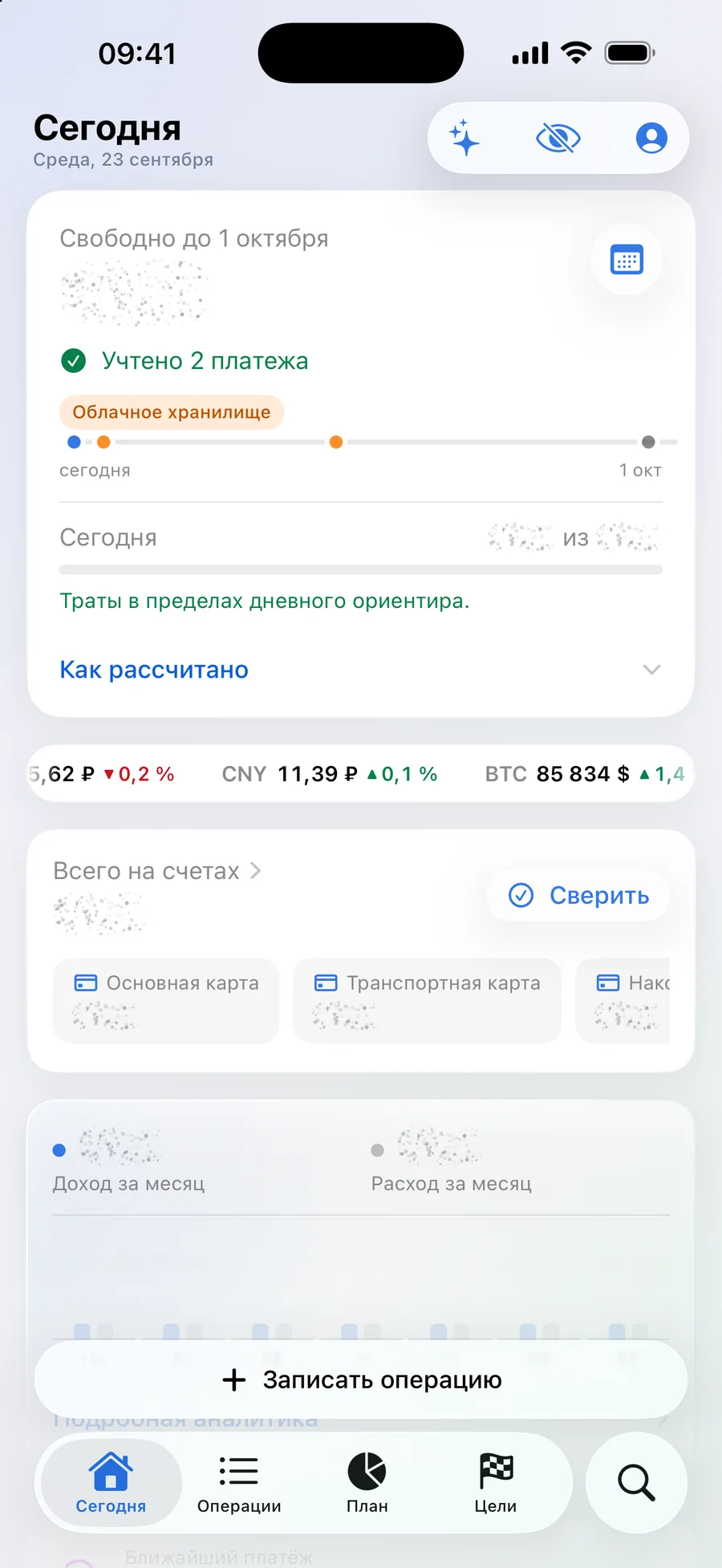 Экран «Сегодня» со скрытыми суммами