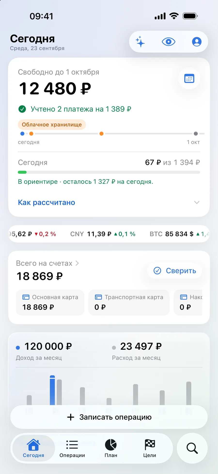 Сегодня. Свободная сумма, ориентир на день и ближайшие платежи