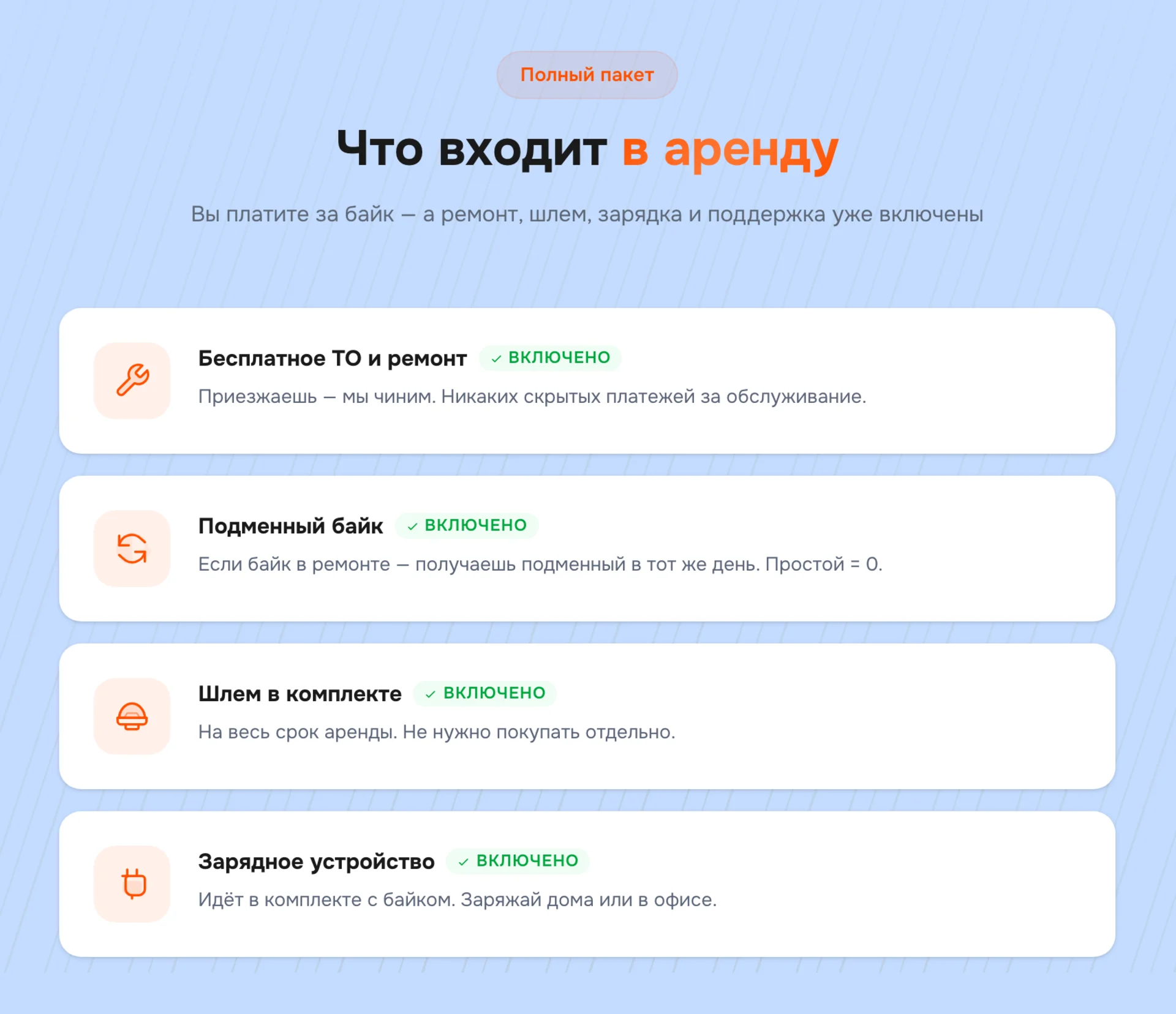 Блок «Что входит в аренду»: бесплатное ТО и ремонт, подменный байк, шлем в комплекте и зарядное устройство с отметками «включено»